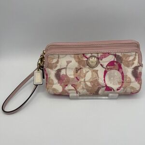 Coach Signature C Canvas Leather Wristlet Pouch Pink Beige Multi Zip Clutch‎ Bag